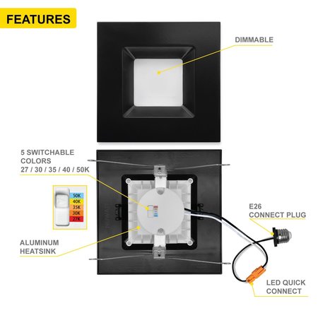 Nuwatt LED Recessed Retrofit Downlight, Black Square 6 inch, Five Color Changing Options, 14 Watt, PK 12 NW-SQ-C6-14W-5CCT-BLK-12P